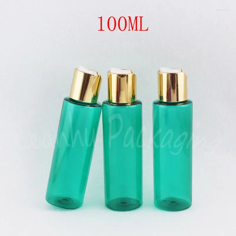 Bouteilles de rangement 100 ml bouteille en plastique vert avec disque en aluminium doré capuchon supérieur 100cc de lotion vide émulsion contenant d'emballage cosmétique