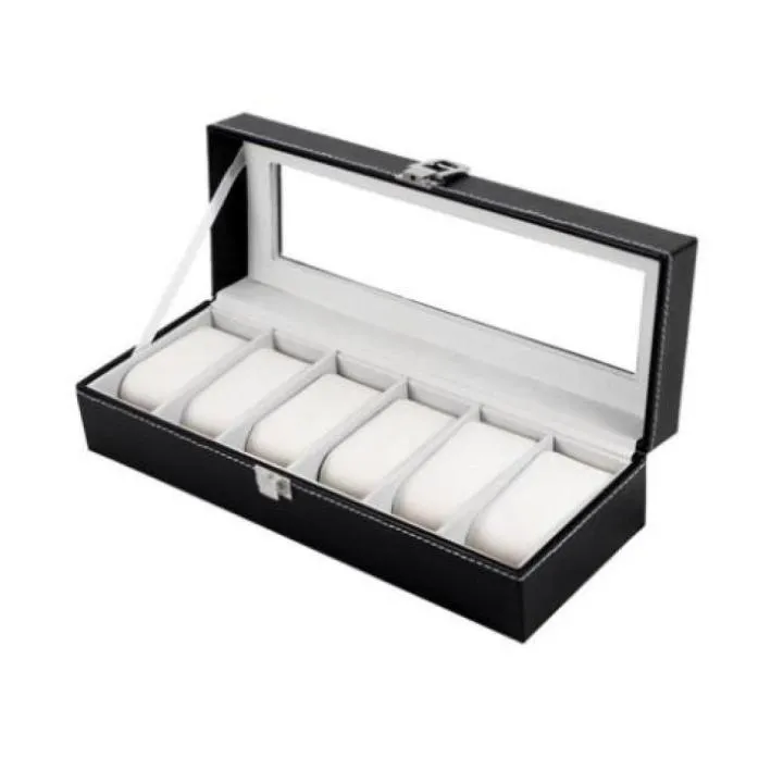 Titta på lådor Fall 6 Grid Pu Leather Watch Storage Box Rektangel Handsur Holder smycken Display Fall för gåvor LL 175136106