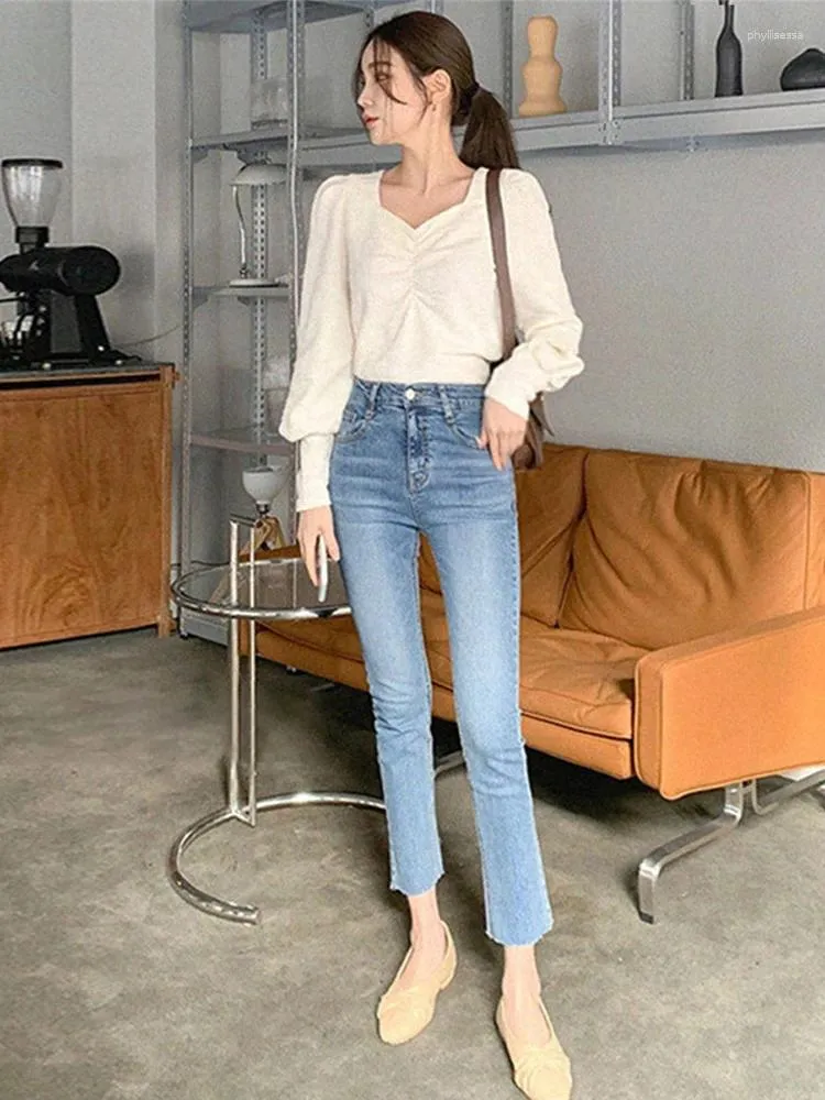 Jeans pour femmes lavé haute taille inclination de poche solide femme d'été zipper la longueur pantalon denim streetwear jambe droite 2024