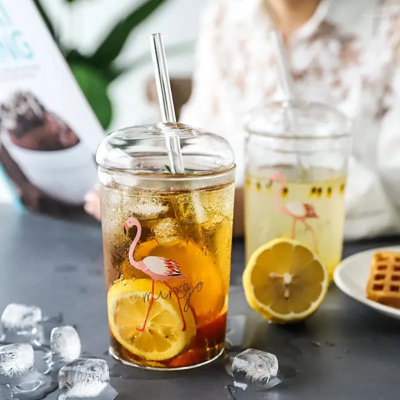 Tasses coréennes en verre transparent à chaleur tasses en verre de café portable Boire de thé de lait tasse de paille avec couvercle dinkware à boire