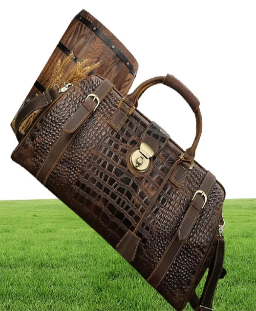 Vintage Crazy Horse Genuine Leather Mens Travel Bag Large Capacity Crocodile Duffle Bags Carry On Luggage Bolsa Overnight Duffel6482556