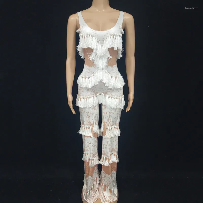 Stage Wear White Tassel Printing Sleeveless Jumpsuit Fashion Bar Women Costume Birthday Party Evening Celebrate Outfit Fringe Rompers