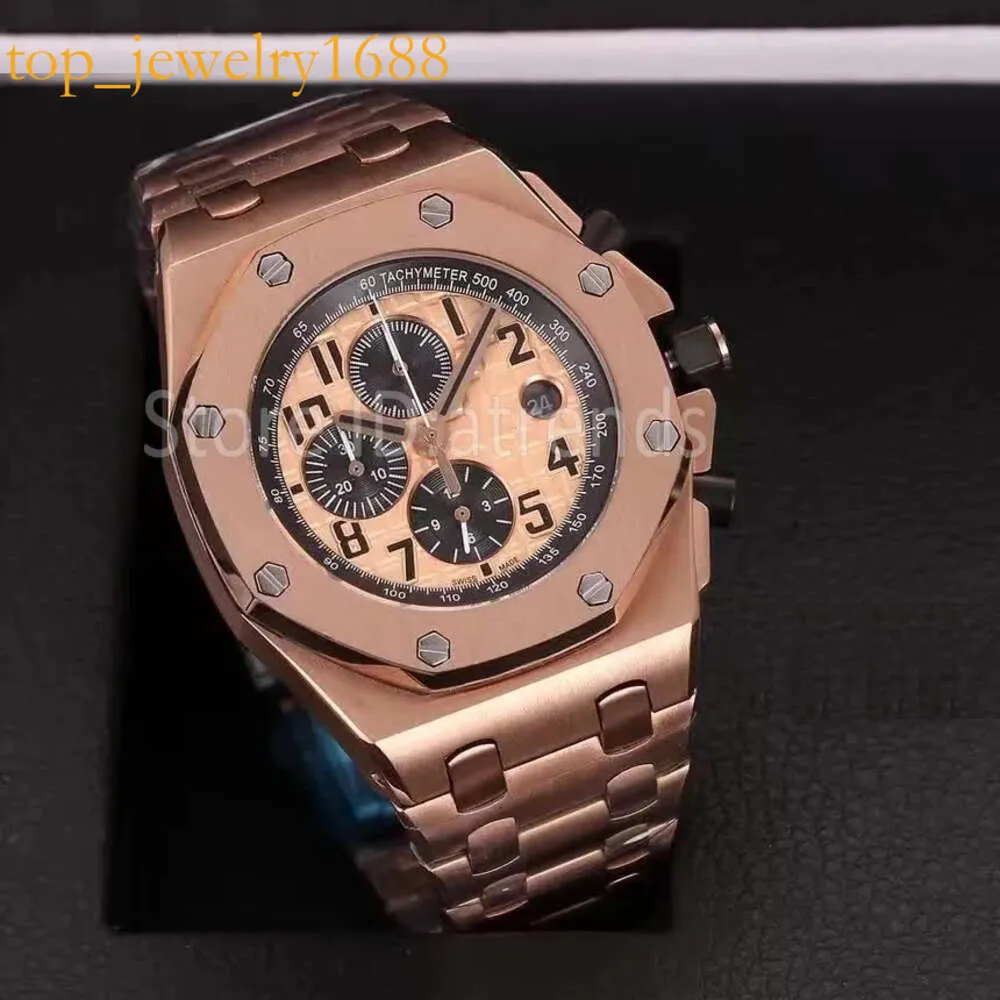 Top clássico de quartzo elegante cronógrafo assistir homens dial dourado de 42 mm de parada de parada de cravo de cravo de pulso casual relógio de aço inoxidável completo 6117