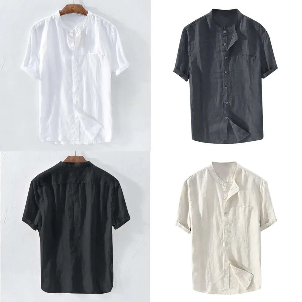 シャツ半袖ゆるい夏の通気性コットンlnenカラーメンズビーチカジュアルシャツ5色とアジアサイズS-4xl