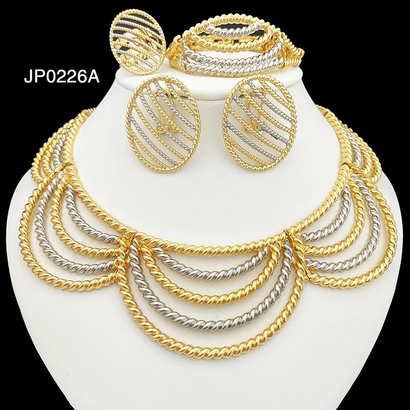 Italienska smycken set för kvinnor unika två ton dubai nigeria fest halsband örhängen armband och ring 240402