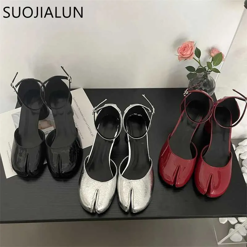 Sandales Suojialun 2023 Été Nouvelles femmes sandales Fashion Fashion Split Toe Femmes Bounces Bounce Round Mid Toe Robe Pump Shoes J240416