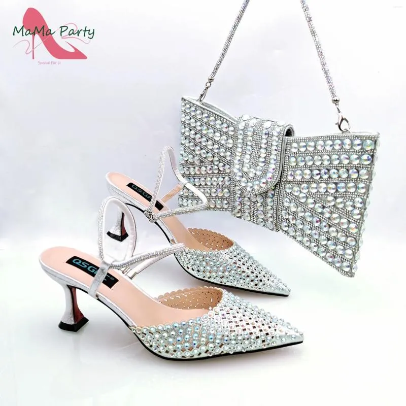 Dress Shoes Autumn Arrivals Italian Design Women Matching And Bag Set In Silver Color High Quality Pumps For Garden Party