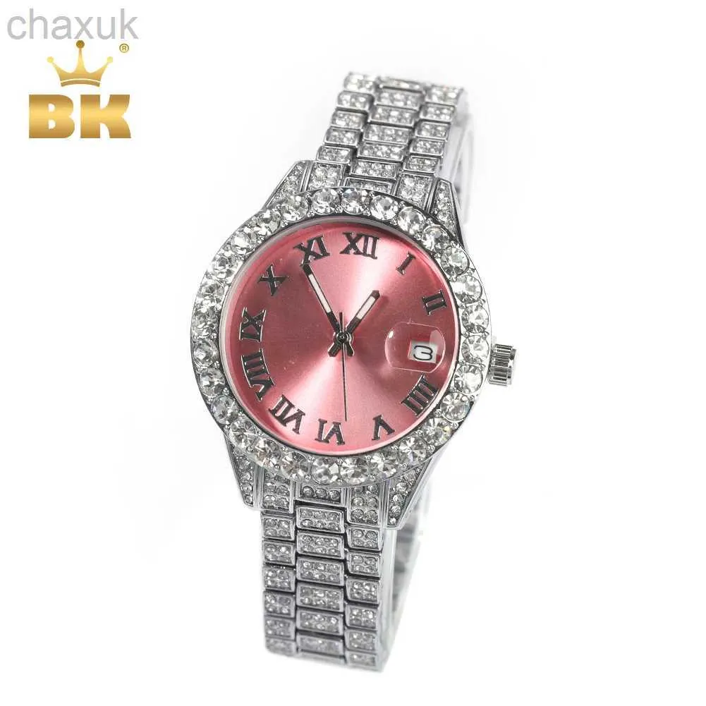 Relógios de pulso The Bling King Womens Assista Baby Pink Dial Iced Out Quartz Relógio Luxo Luxo de Luxo Pulso à prova d'água Tamanho pequeno para mulheres D240417