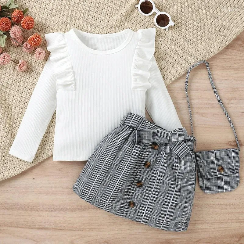 Clothing Sets 3-7years Toddler Girls Spring Autumn Outfit Solid Color Long Sleeve Ruffle Tops Plaid Skirt With Belt Bag Kids Suit