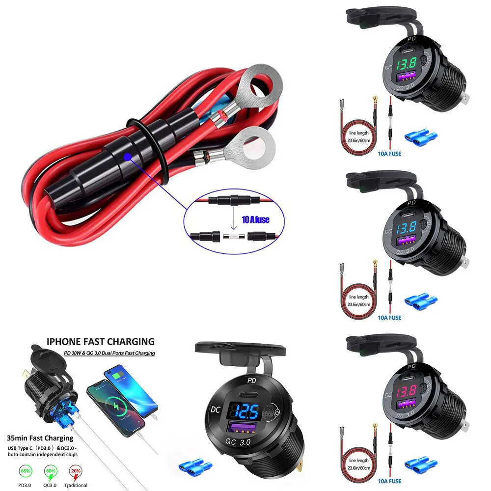 Ny 48W C -billaddare Snabbladdning USB PD QC 3.0 Power Outlet w/ LED Voltmeter Swtich för 12/ 24V RV ATV Marine