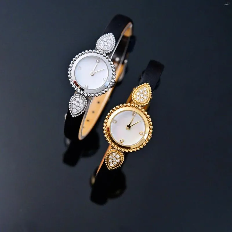 Wristwatches High Quality 2024 Genuine Leather Diamonds Luxury Women Watch Quartz Vintage Copper Gold Dial Lady Bracelet Christmas