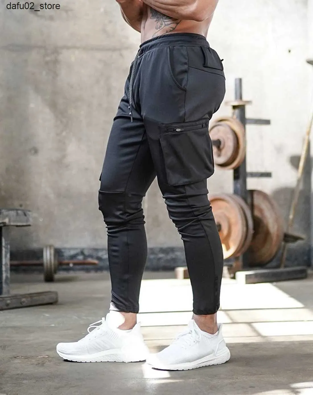 Erkek pantolonlar erkek koyu gri fitness taytlar koşu koşu pantolonlar joggers sokak kıyafetleri çok cepli pantolon spor eğitim dipleri q240417