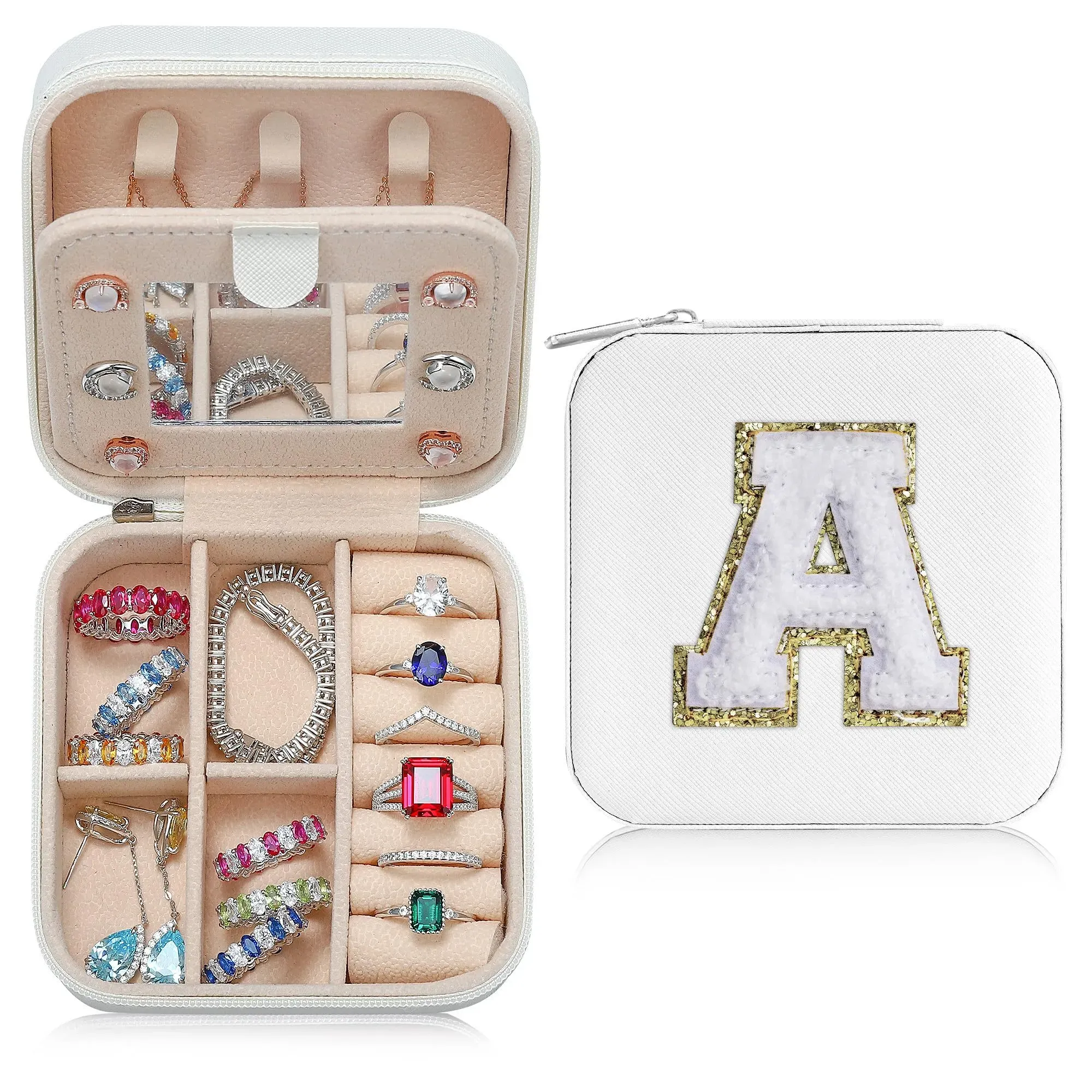 Boxes Personalized Initial Letter Travel Jewelry Case for Women, Birthday Gifts for Teens Girls, Christmas Gifts, White Color