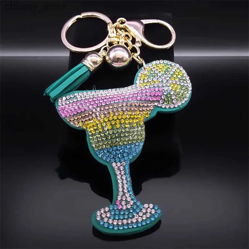 Keychains Lanyards Summer Drink Cocktail Keychain for Women/Men Tassel Rhinestone Rainbow Lemon Pendant Key Ring Holder Gift Jewelry K4933S01 Y240417