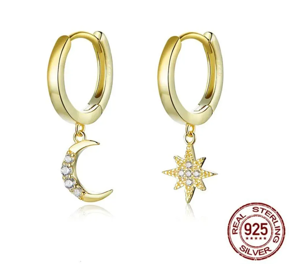 Stud 2024 oorbellen Bamoer echt 925 Sterling Silver Moon en Star Dangle -oorbellen met charmeren in goud nieuwe trends Huggies Earrin