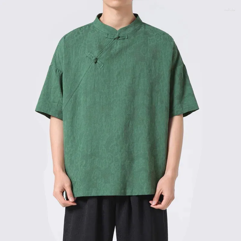 Erkekler sıradan gömlekler erkek Çin vintage moda gevşek kısa kollu stant yaka yaz artı boy bluz adam camisa