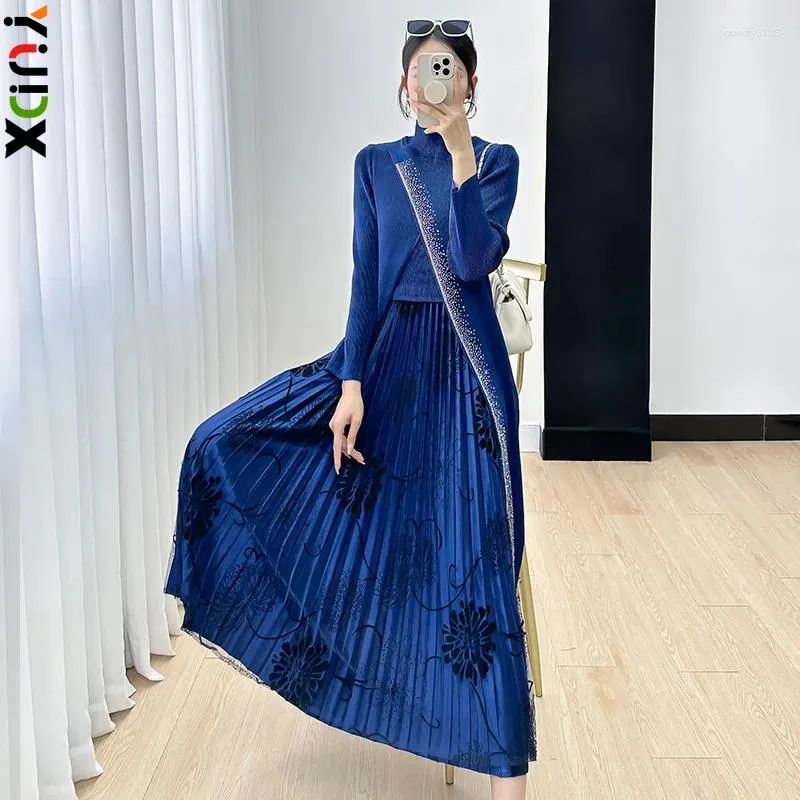 Work Dresses YUDX Miyake Fashion Printed Pleated 2 Pieces Set Long-sleeved Dress Woman Luxury Evening Party Pullover Loose Tops Elegant