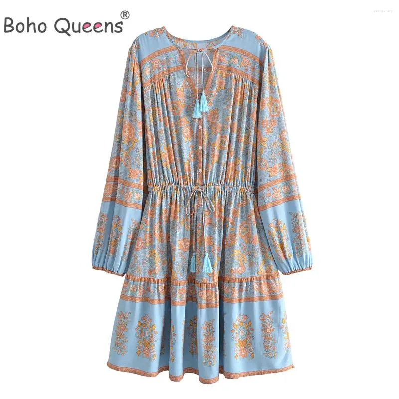 Lässige Kleider Boho Queens Blue Blumendruck Krawatte Frauen Hippie Bohemian Mini Kleid Ladies Langarm Rayon Sommer Vestidos