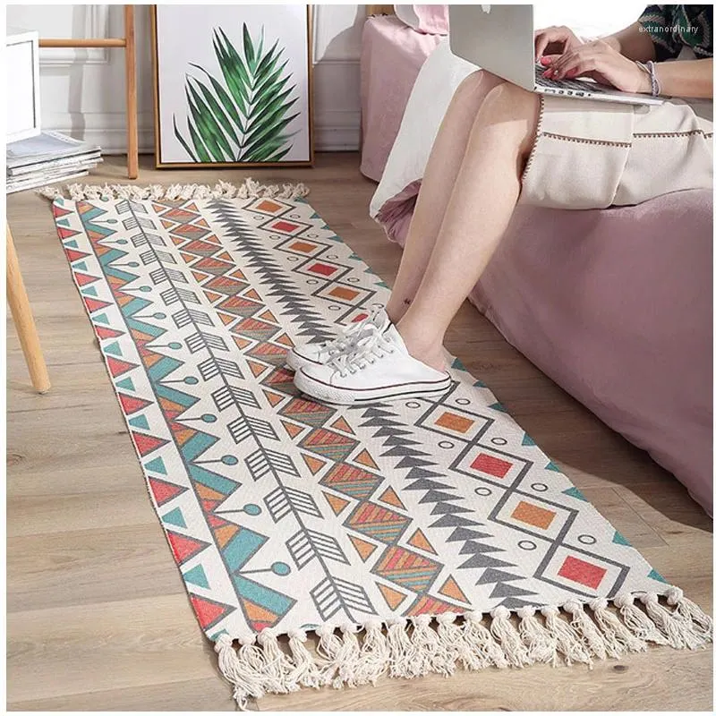 Carpets Ethnic Style Cotton Linen Mat Plain Tapestry Hand-woven Modern Geometric Rug Rugs For Bedroom Sofa Cushion Area Anti-Slip