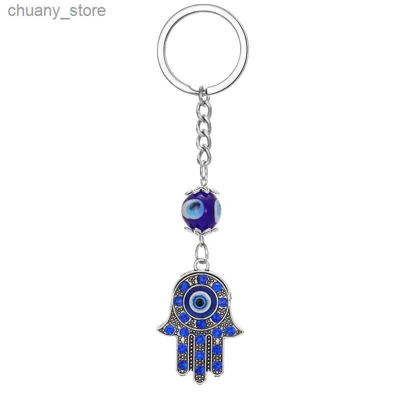 سلاسل المفاتيح Lanyards Zircon Blue Evil Eye Hamsa Hand -key -key Ring Women Men Turkish Lucky Eye Bead Fatima Hand Bag Accessories Jewelry Y240417