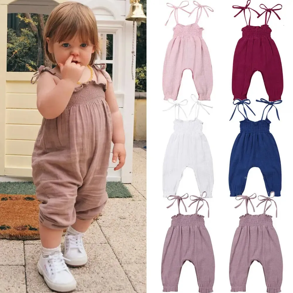 024m Summer Mignon Baby Girls Baby Girls Rober Clothes sans manches Pantalon Sautpuise solide Coton Ternits 240408