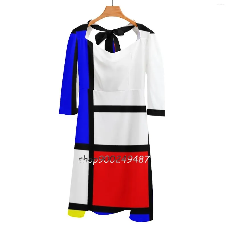 Casual Dresses Mondrian Flare Dress Square Neck Elegant Female Fashion Printed Piet Composition Famous Red Yellow Blue