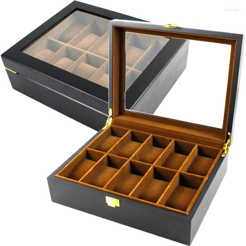 Bekijk dozen 6/10/12 slots zwarte handgemaakte luxe houten doos sieraden organisatoren kast houten houder voor mannen en vrouwen