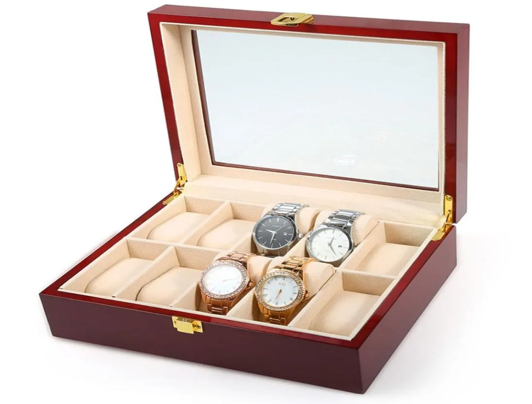 Fanala 510 Siatki zegarkowe pudełko na czerwonoczerwoną drewnianą drewnianą wyświetlacz do wyświetlacza biżuterii Square Bluckle Watch Winder Boite Montre6867241