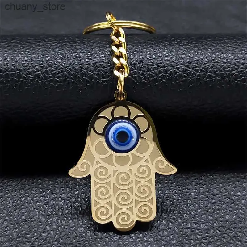 Keychains Lanyards Hand of Fatima Turkish Evil Blue Eye Key Chain for Women Men rostfritt stål Guldfärg Hamsa Palm Keychain Jewelry K1139S01 Y240417