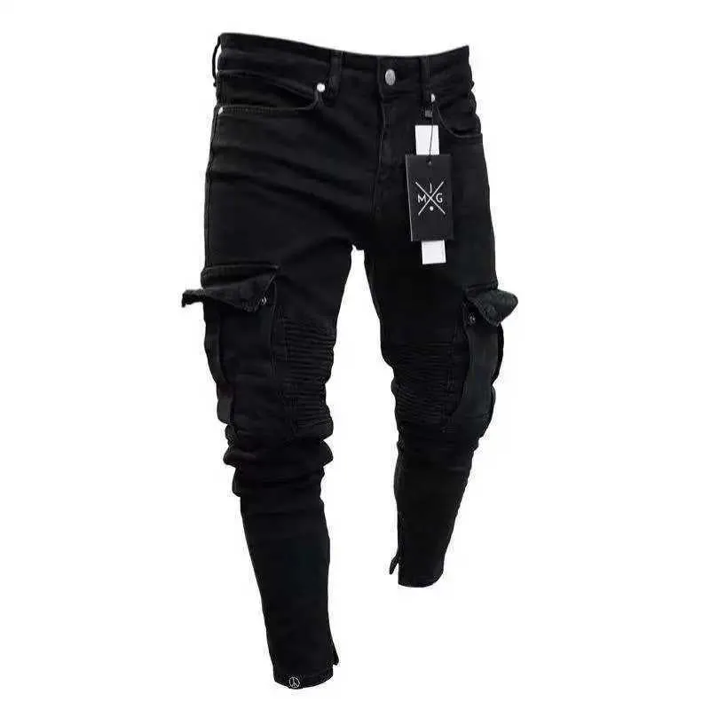 Sdhe jeans masculin mens extensible skinny noupped hommes poche lavée pantalon denim slim biker pantalon de survêtement de la mode pantalon hip hop jogger d240417