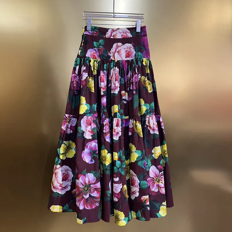 100% Cotton Long Skirts for Women Runway Designer Floral Print Summer High Waist Maxi Skirt Casual Party Holiday Faldas Elegant Aline Purple