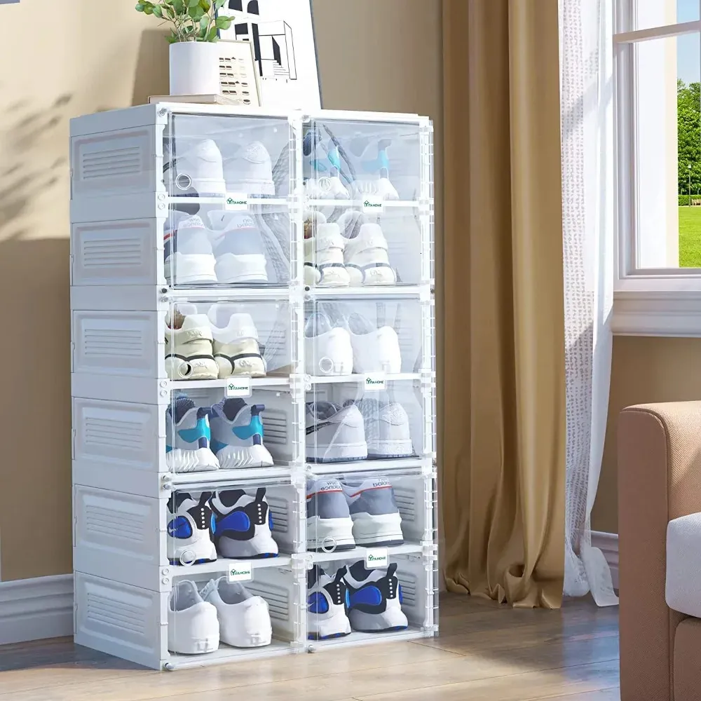 Shoe storage organizer non installation shoe box with transparent door 2-12 grid stackable shoe cabinet in living room 240318