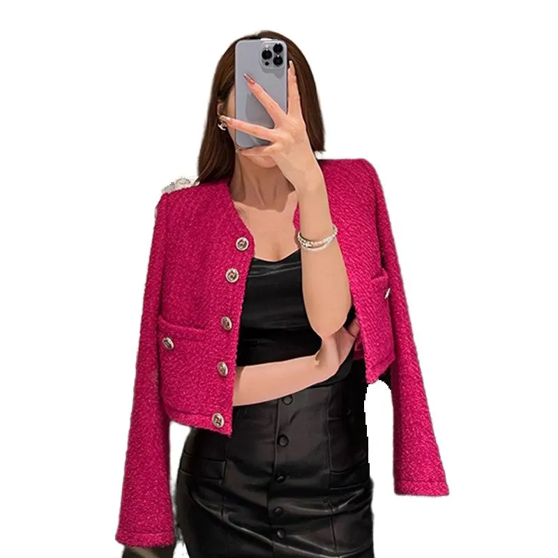 New Spring Fashion Women O-Neck Long Sleeve Rose Color Tweed Woolen Short Desinger Jacket Coat High Casacos smlxl