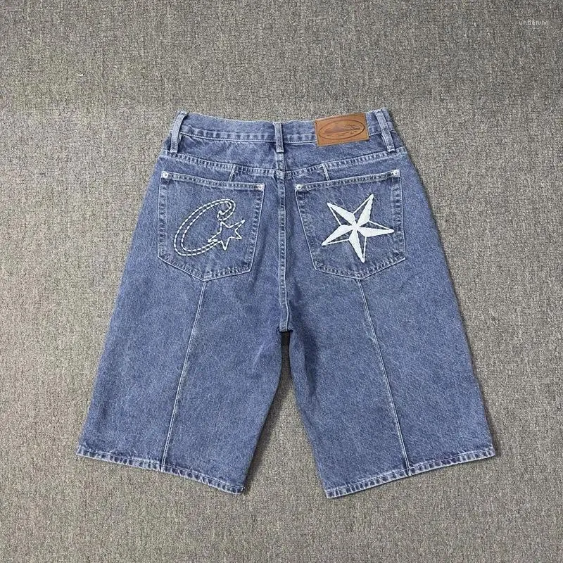 Men's Pants Men Women Loose Fitting Summere Mbroidery Pentagram Leisure Denim Shorts Blue