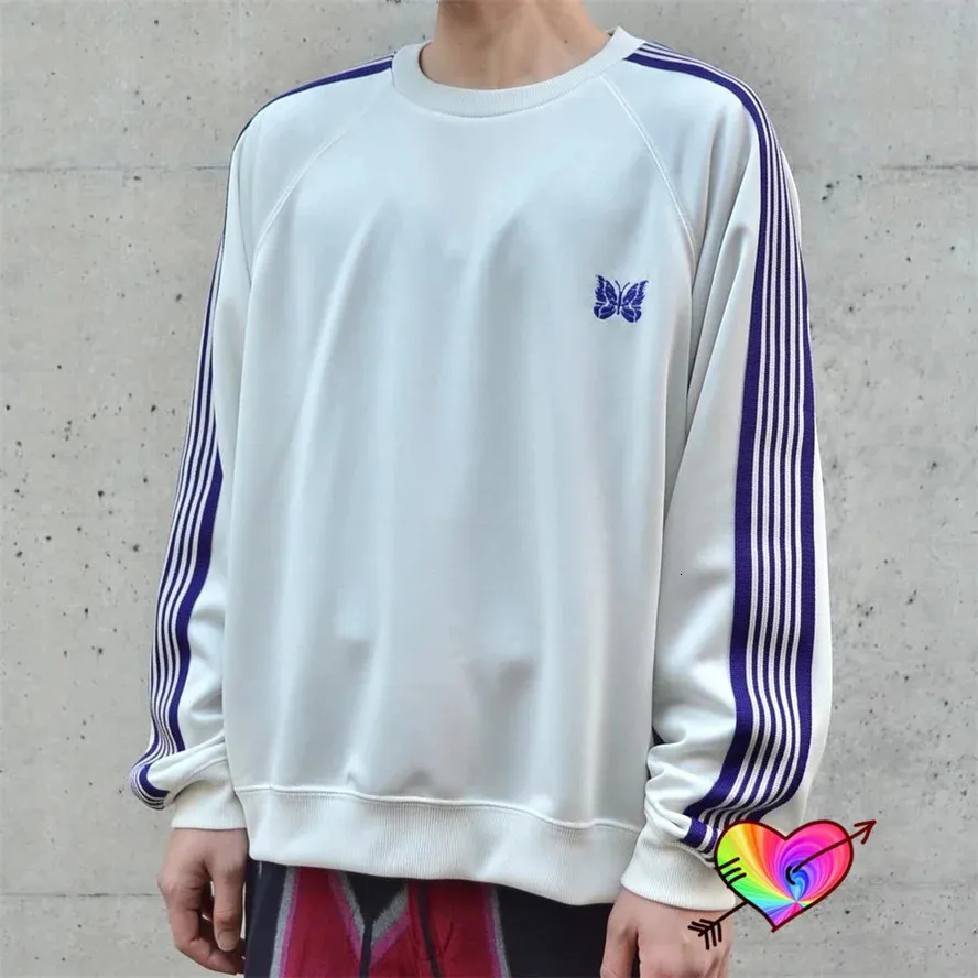 White Needles Track Crewneck Men Women High Quality Poly Smooth Needles Sweatshirt Blue Knit Stripe Butterfly Long Sleeve 240408