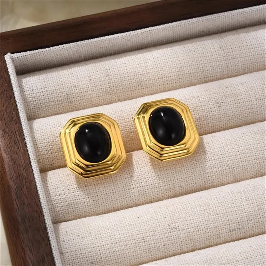 Stud INS French Style Block Texture Black Agate Earrings For Women's Light Luxury Vintage Simple Natural Stone Fashion Charm Jewelry