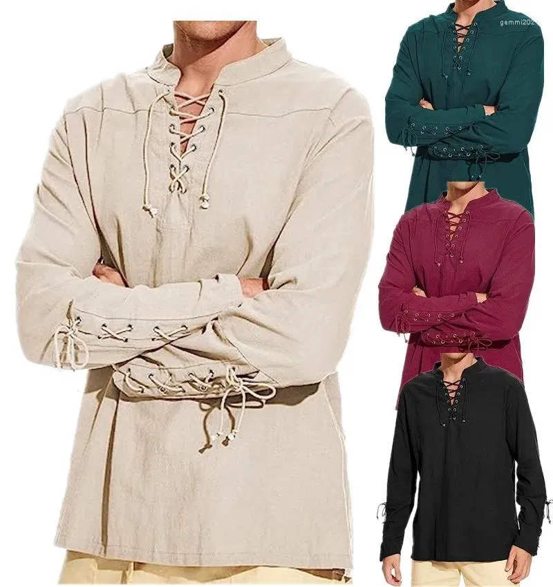 Men's Casual Shirts Retro Pirate Shirt Drawstring Top Viking Solid Color Street Creative Temperament Cotton And Linen