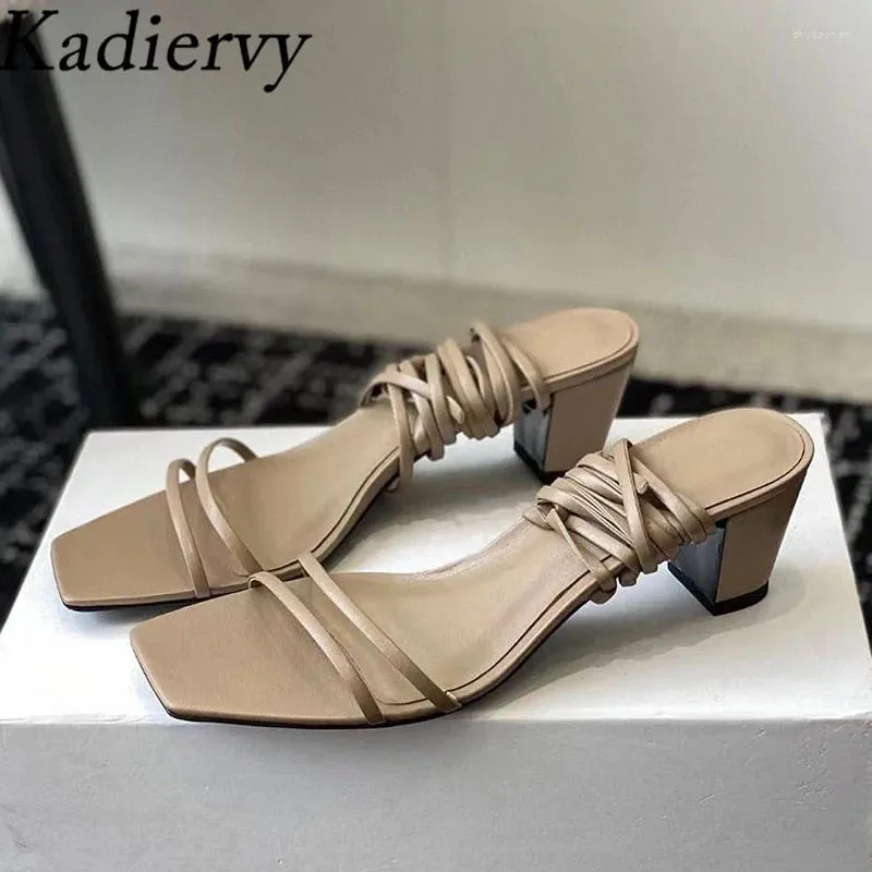 Kleiderschuhe Quadrat Heels Sandalen Frau echtes Leder -Knöchelkreuz gebundener Sommer Frauen hoher Sandalien Mujer