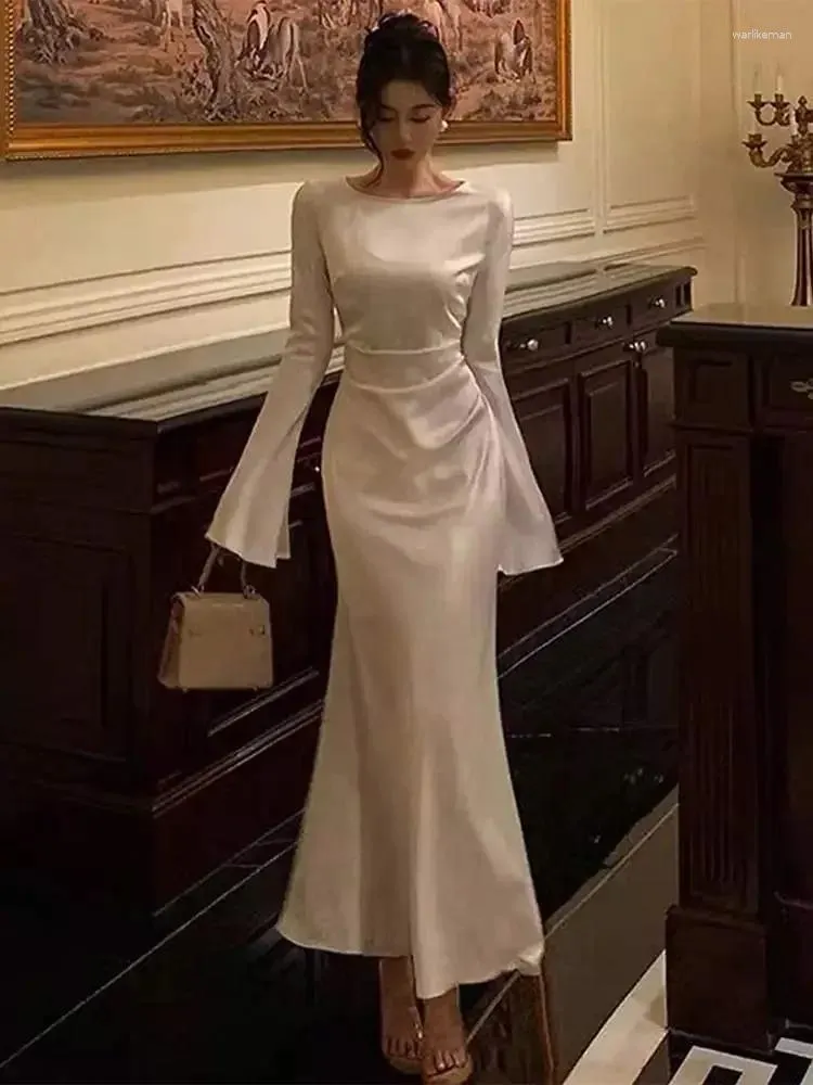 Chic Satin long sleeve gala dress with Flare Sleeves and O Neckline for Women - Perfect for Casual Occasions, Fishtail Parties, and Spring Occasasions