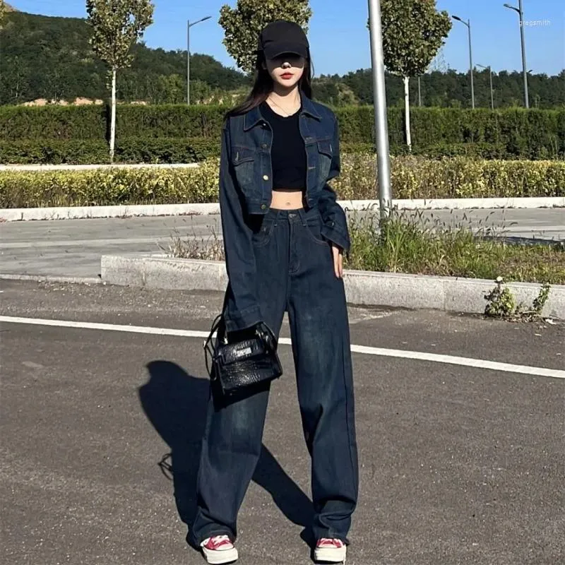 Women's Two Piece Pants Women Spring Autumn Streetwear Vintage Shorts Slim Denim Jacket High Waist Long Set Lady Coats Jeans Outfits