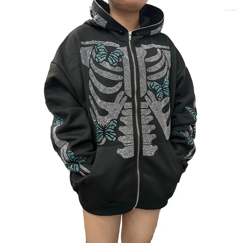 Kvinnors hoodies kvinnor goth strass skelett vårens höstkläder långärmad tröja jacka kvinnliga kläder y2k streetwear