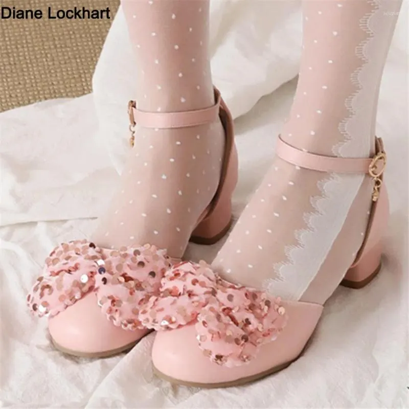 Sukienka buty 2024 Spring Women High Heels Mary Jane Pumps Party Wedding White Pink Beige String Bow Księżniczka Cosplay Summer Lolita