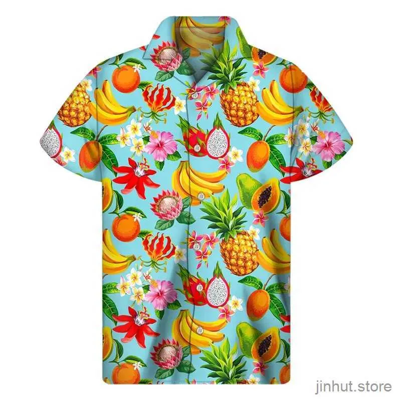 Herr t-shirts mango banan ananas grafisk skjorta män 3d tryck frukt hawaiian skjortor sommarstrand kort ärm knapp lapel aloha blus