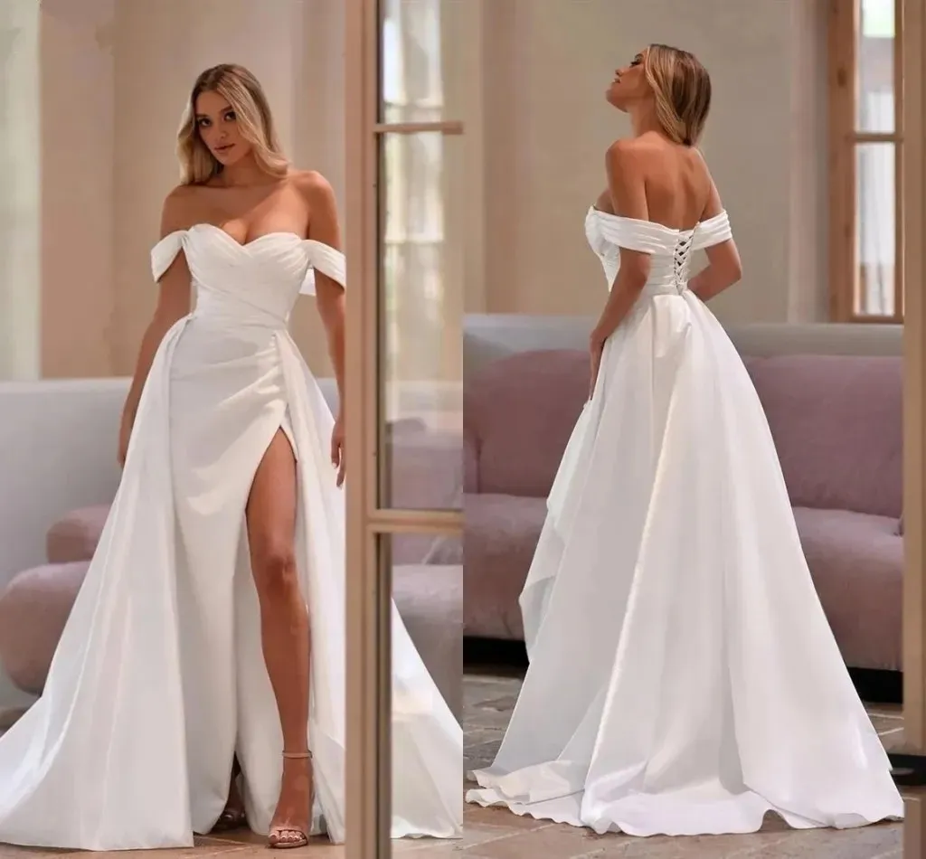Sexy Off The Shoulder Mermaid Wedding Dresses With Detachable Pleated Bridal Gowns Thigh Split Bride Marriage Robes de Mariee YD