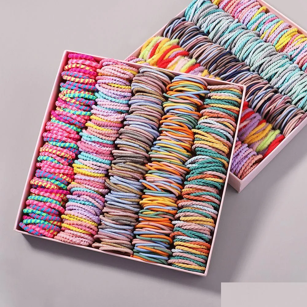 Saç kauçuk bantlar 100pcs/lot kızlar şeker rengi elastik bant çocuk bebek kafa bandı scrunchie çocuk aksesuarları desen dağıtım mücevher saç dhfua