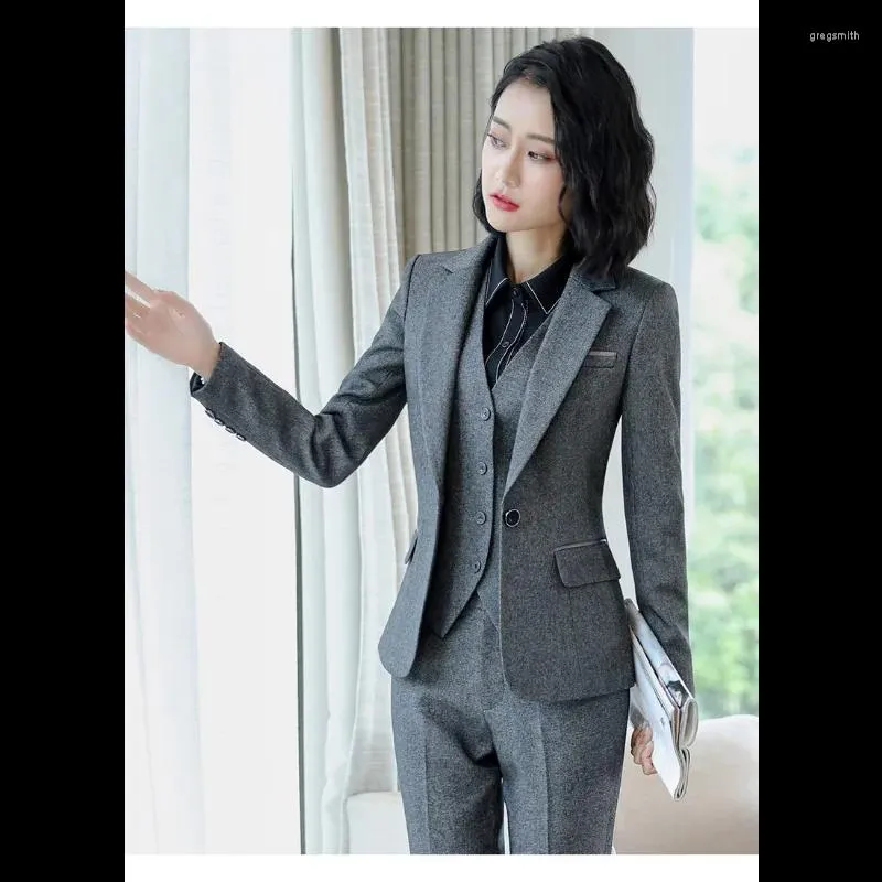 Kvinnors tvåbitar byxor Spring Black Grey Blazer Set For Women Uniform Lady Work Outfit med kjolkontor kostymer kvinnliga formella eleganta 2 st