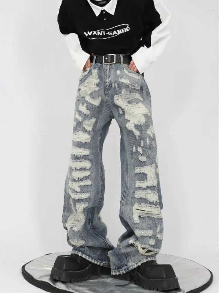 メンズパンツHouzhou Hip Hop Ripped JeansMen High Street Male Disted Denim Wide Leg Casuareズボンヴィンテージストリートウェアルーズ