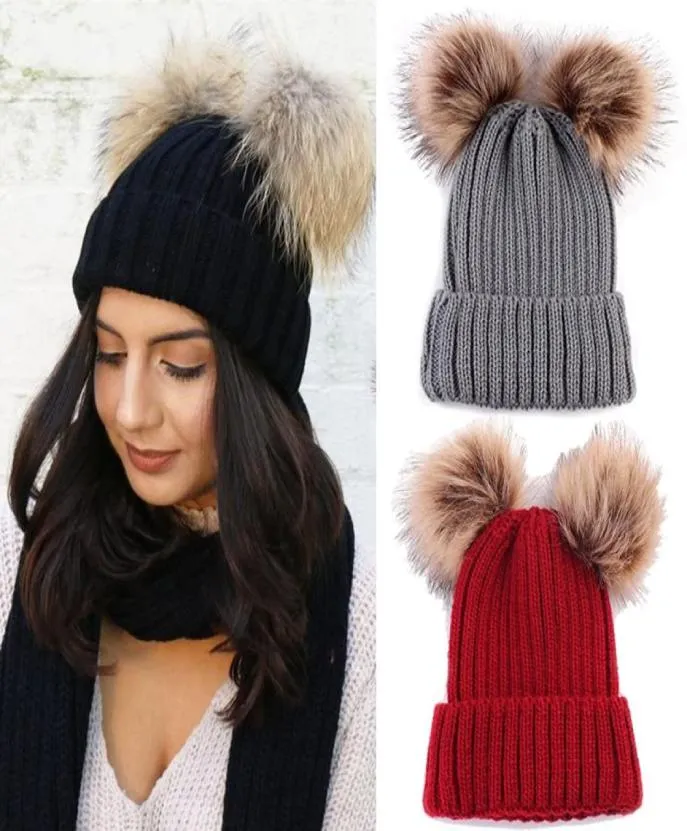Winter Beanie Hat for Women Knitted Double Pom Pom Faux Fur Raccoon Ball Cap Bobble Skull Hats1694530