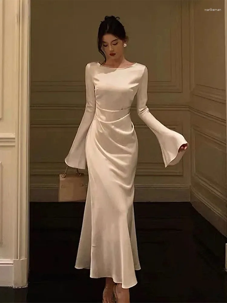 Save Big on Bulk Long Sleeve Evening Dresses Elegant White Maxi Dress: Long Flare Sleeve, O Neck, Satin Bodycon Fishtail Gown For Party, Night Out,