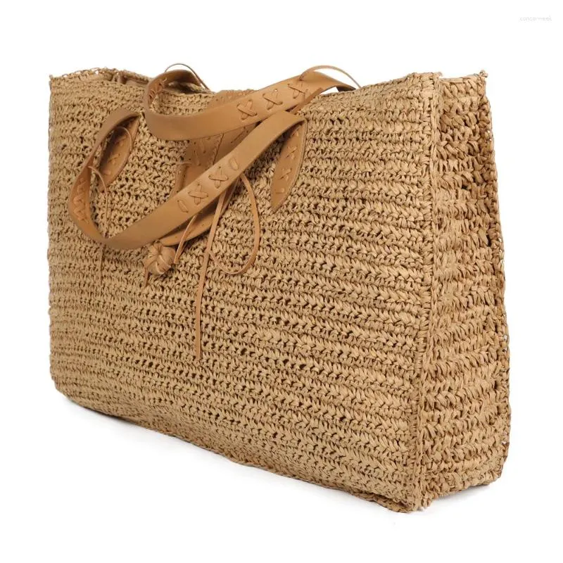 Drawstring Capacity Women Seaside Vacation Straw Woven Shoulder Bag Simple Stylish Beach Tote Zipper Hobo Shopper Handbag
